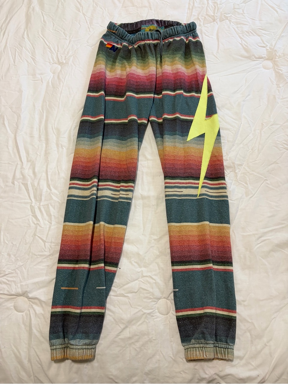 Aviator Nation Multicolor Striped Jumpsuit with Neon Yellow Lightning